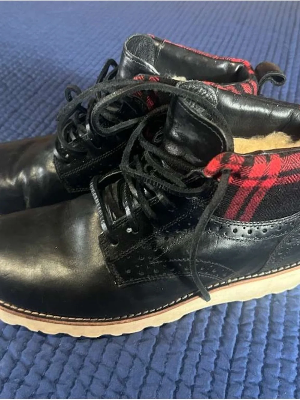 UGG Men's Black Leather Lace-Up Boots with Red Plaid Collar